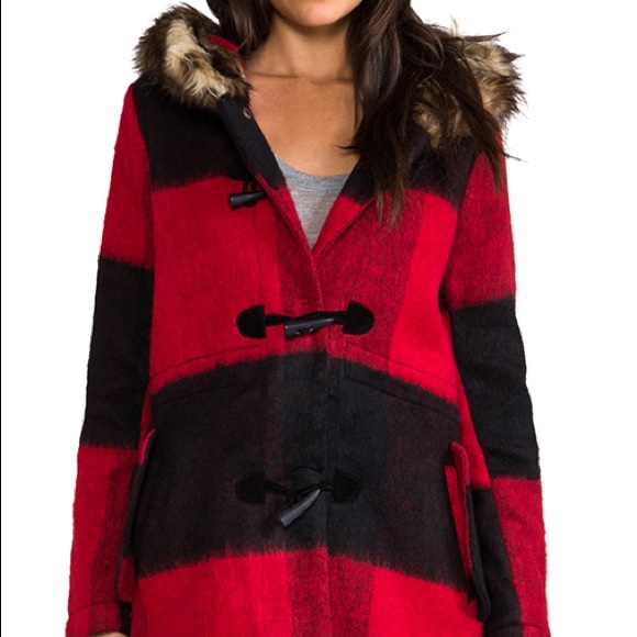 red jacket with black fur hood